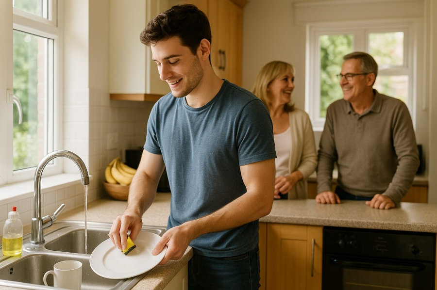 Young man doing dishes in parents house